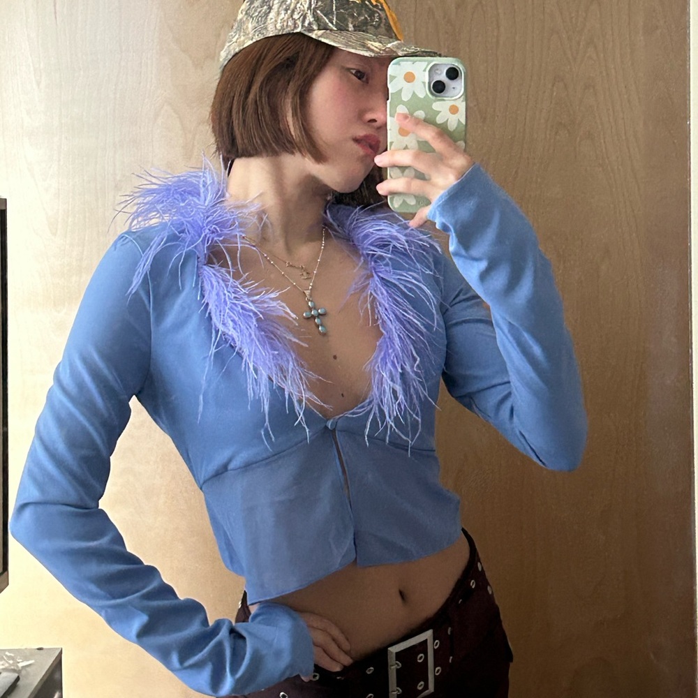 Danielle Guizio periwinkle feather trimmed crop top